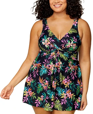 Island Escape Plus Size Magnolia Twist-Front Underwire Swim Dress, Exclusively at Macys