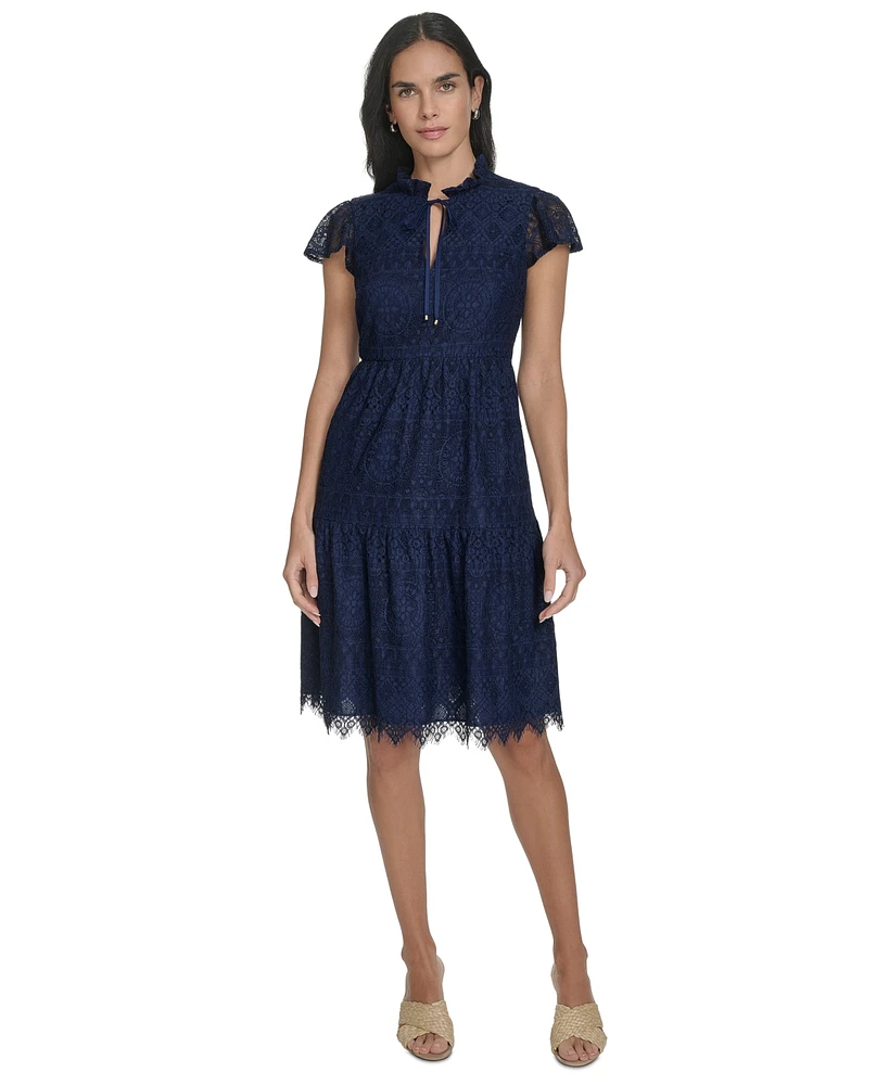Jessica Howard Petite Lace Scalloped-Hem Flutter-Sleeve Dress