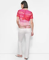 Dkny Women's Printed Mesh Crewneck Ruched Top
