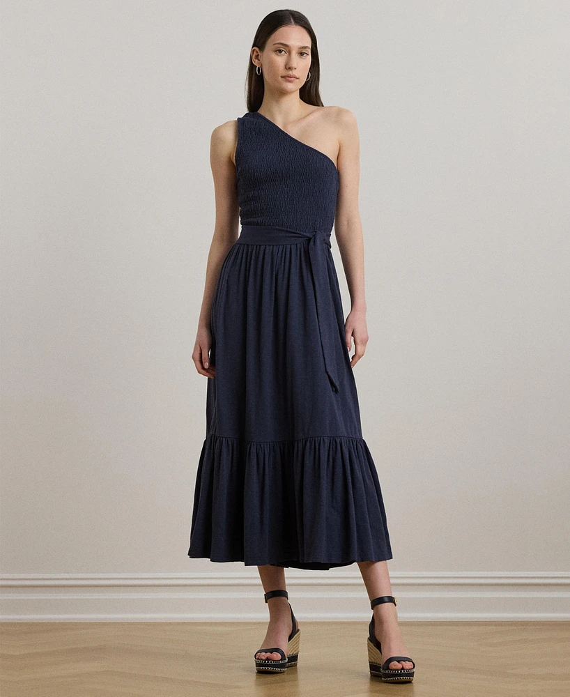 Lauren Ralph Women's Belted Slub Jersey One-Shoulder Dress