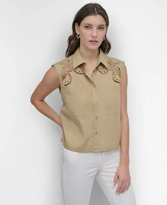 Dkny Women's Cotton Sleeveless Ladder-Trim Blouse