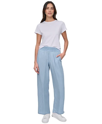 Dkny Jeans Petite Chambray Smocked-Waist Wide-Leg Pants