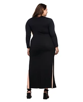 24seven Comfort Apparel Plus Long Sleeve Side Slit Fitted Maxi Dress