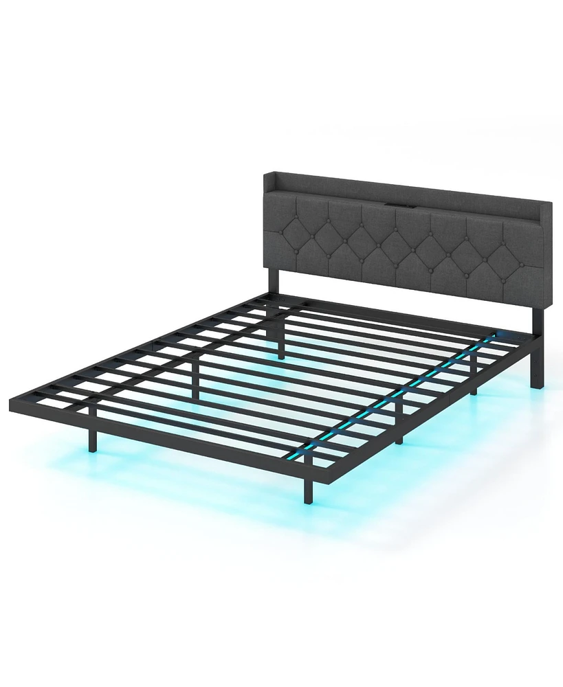 Queen Size Floating Bed Frame with Led and Headboard and Charging Station-Queen Size