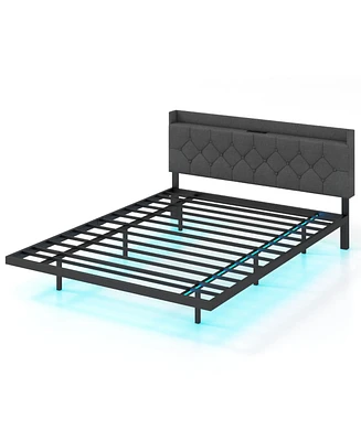 Queen Size Floating Bed Frame with Led and Headboard and Charging Station-Queen Size