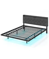 Queen Size Floating Bed Frame with Led and Headboard and Charging Station-Queen Size