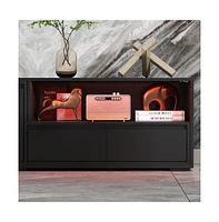 Tv stand with 2 drawers, 2 cabinet doors, retractable media console, black wood entertainment center