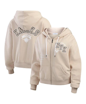 Wear by Erin Andrews Women's Cream New York Knicks Plus Tonal Felt Patch Full-Zip Hoodie