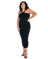 24seven Comfort Apparel Plus Halter Cross Neck Ruched Bodycon Mid Dress