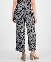 Ak Anne Klein Petite Leaf-Print Cropped Wide-Leg Pull-On Pants