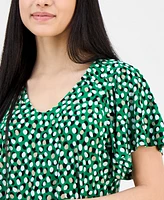 Ak Anne Klein Petite Printed V-Neck Raglan-Sleeve Top