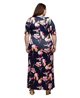 24seven Comfort Apparel Plus Print Elbow Sleeve Casual A-Line Maxi Dress