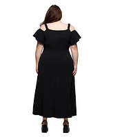 24seven Comfort Apparel Plus Cold Shoulder Ruffle Sleeve A-Line Maxi Dress