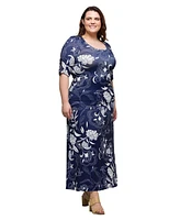 24seven Comfort Apparel Plus Print Elbow Sleeve Casual A-Line Maxi Dress