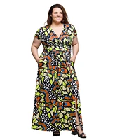 24seven Comfort Apparel Plus Cap Sleeve V-Neck Side Slit Pocket Maxi Dress