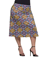 24seven Comfort Apparel Plus Print Comfortable Elastic Waist Knee Length Skirt