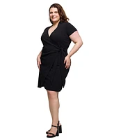 24seven Comfort Apparel Plus Mandarin Collar Knee Length Wrap Dress
