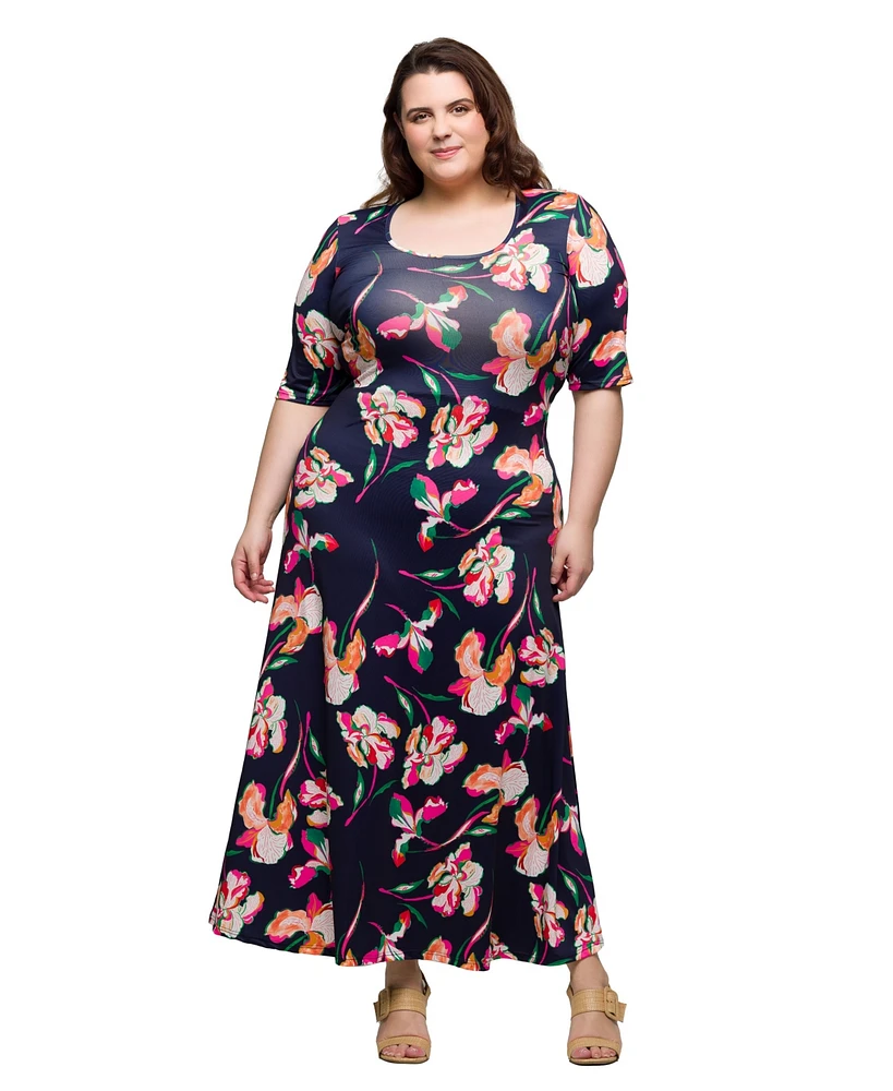 24seven Comfort Apparel Plus Print Elbow Sleeve Casual A-Line Maxi Dress