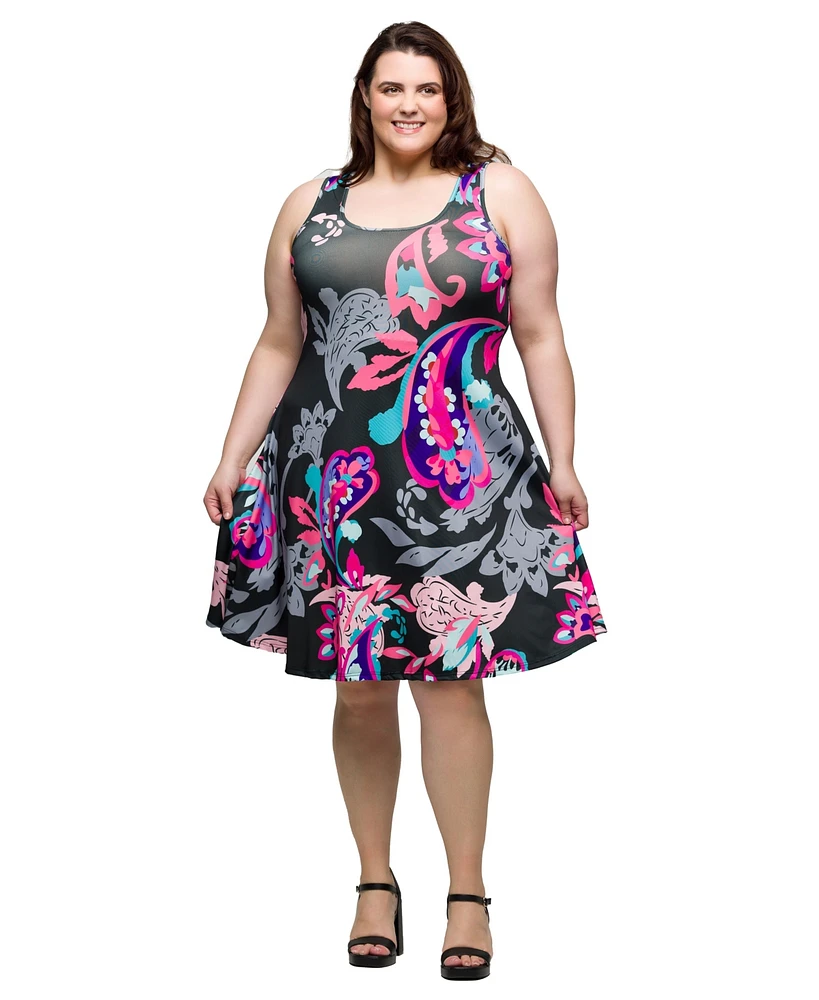 24seven Comfort Apparel Plus Print Sleeveless Knee Length Tank Swing Dress