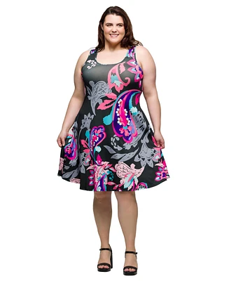 24seven Comfort Apparel Plus Print Sleeveless Knee Length Tank Swing Dress