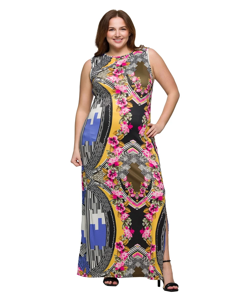 24seven Comfort Apparel Plus Print Sleeveless Side Slit Maxi Dress