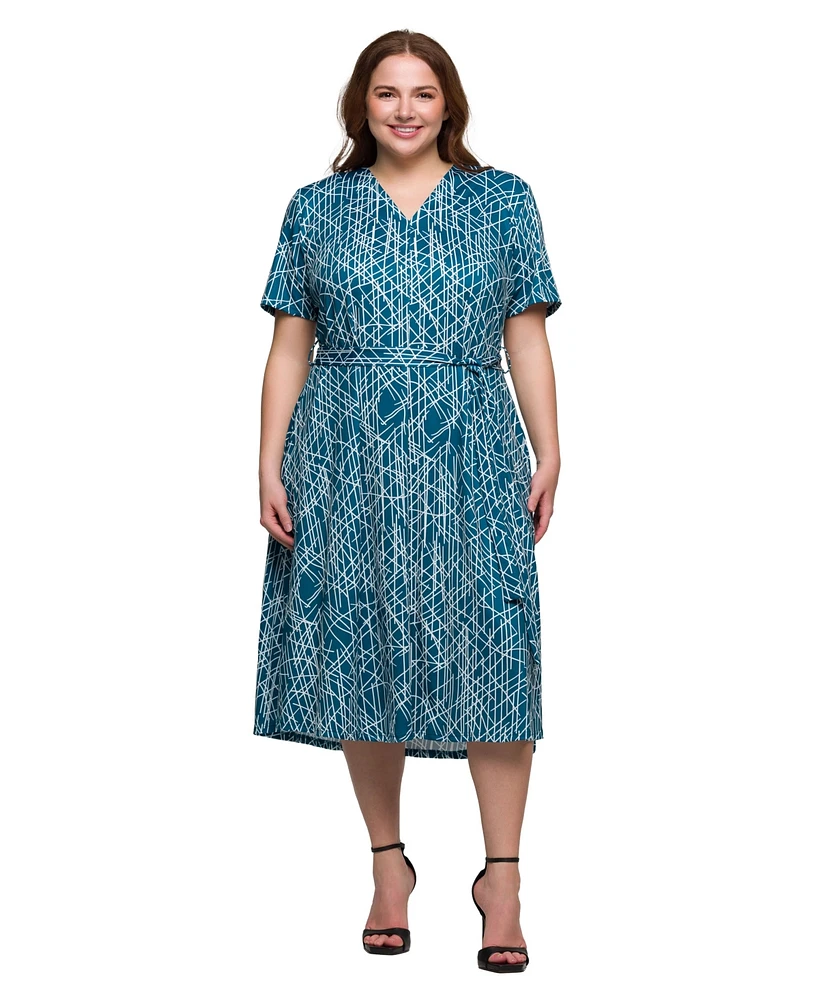 24seven Comfort Apparel Plus Print Short Sleeve Tie Waist Midi Dress