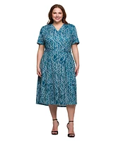 24seven Comfort Apparel Plus Print Short Sleeve Tie Waist Midi Dress