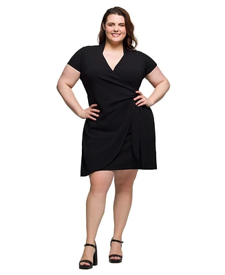 24seven Comfort Apparel Plus Mandarin Collar Knee Length Wrap Dress