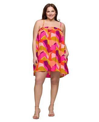 24seven Comfort Apparel Plus Square Neck Spaghetti Strap Smocked Pockets Mini Dress