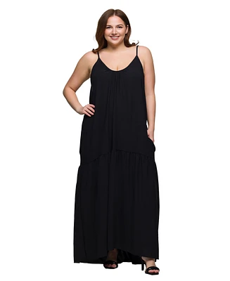 24seven Comfort Apparel Plus Lightweight Spaghetti Strap Pocket Maxi Dress