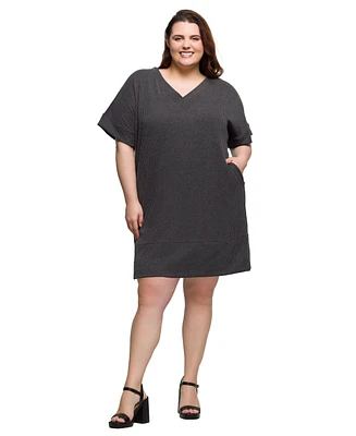 24seven Comfort Apparel Plus V-Neck Loose Fit Short Sleeve Pocket T Shirt Dress