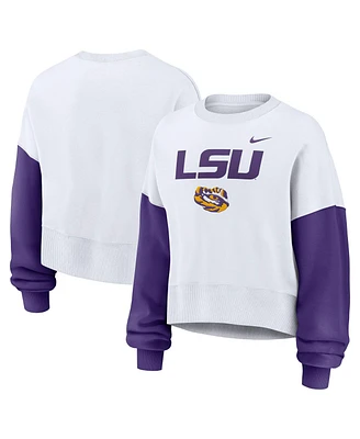 Nike Women's White Lsu Tigers Color-Block Oversized Cropped Pullover Sweatshirt