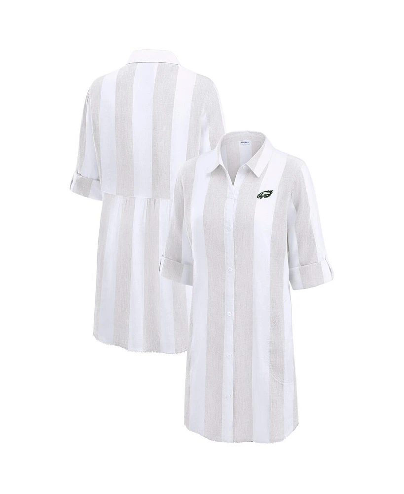 Tommy Bahama Women's Khaki/White Philadelphia Eagles Rugby Beach Stripe Button-Up Tunic Top