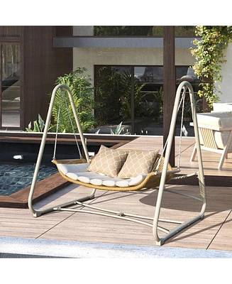 Outdoor Patio Porch Swing, 2-Seat Hanging Swing Chair with Thickened Cushions and Pillow, Rattan Porch Swing Chair Outdoor Hammock Chair for Porch, Ba