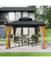 12x12 Ft Heavy-Duty Aluminum Hardtop Gazebo with Galvanized Steel Roof, Weather-Resistant Cedar Wood Outdoor Pavilion for Patio, Backyard
