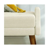 Modern Upholstered Bench with Looped Yarn Fabric, Soft Cushion, Geometric Armrests, and Rubber Wood Legs for Living Room, Bedroom, Entryway-The Po