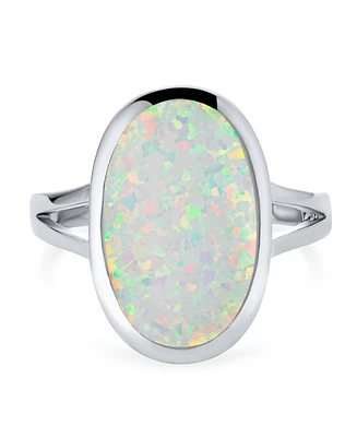 Bling Jewelry Boho Iridescent White Created Opal Big Oval Split Shank Statement Ring .925 Sterling Silver Rhodium Plating