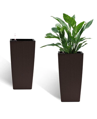 Modern Faux Rattan Square Planter with Irrigation System (2-Pack, 22.6 inch, Brown)