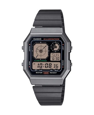Casio Men's Vintage Digital Gunmetal-Tone Stainless Steel Bracelet Watch 34mm