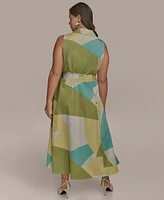 Donna Karan New York Plus Printed Tie-Waist Sleeveless Shirtdress