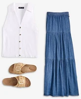 Nautica Jeans Womens Cotton Collared Sleeveless Sweater Three Tier Chambray Midi Skirt