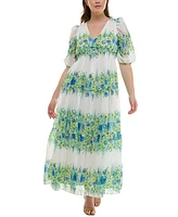 Taylor Plus Floral-Print Chiffon A-Line Midi Dress