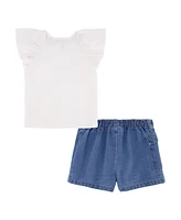 Tommy Hilfiger Toddler and Little Girls 2-Piece Printed Flutter Sleeve Top Denim Pleated Skirt
