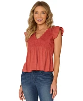 Democracy Petite Embroidered Cotton Flutter-Sleeve Top