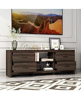 Tv stand with 4 drawers and 2 compartments, brown wood media console, multi-purpose entertainment center