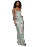Alex & Sophia Juniors' Floral Satin Cowlneck Gown