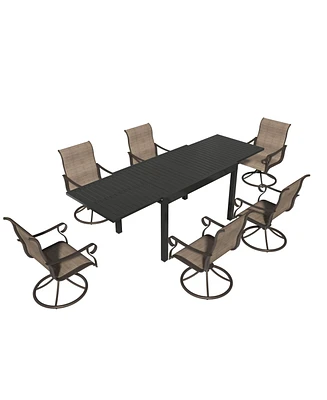 7-Piece Outdoor Dining Set with Aluminum Extendable Table 53"- 106" and Textilene Swivel Chairs