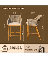 Bar stools Set of 2 with Arm and Backrest, Outdoor Counter Height Chairs Cushion, Aluminum Tall Modern Textilene Rope Boho Barstoo