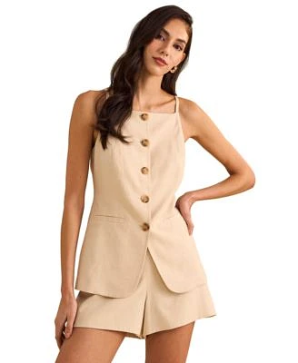 1.State Womens Square Neck Button Front Long Vest Pleated Shorts