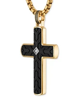 Esquire Men's Jewelry Diamond Accent Carbon Fiber Cross 22" Pendant Necklace in Stainless Steel & Black & Gold-Tone Ion-Plate, Exclusively at Macy's